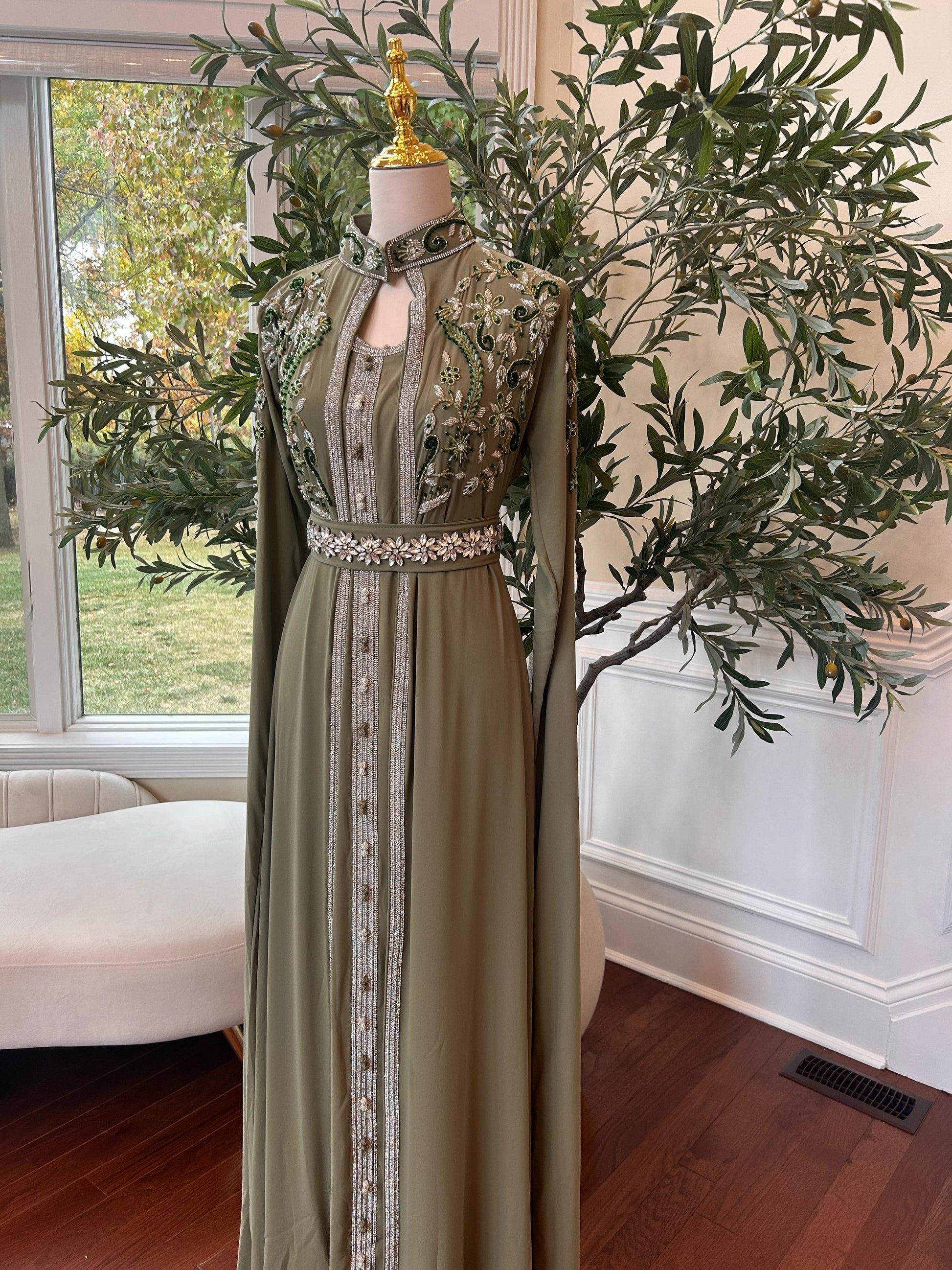 Olive Beaded Stone Kuftan