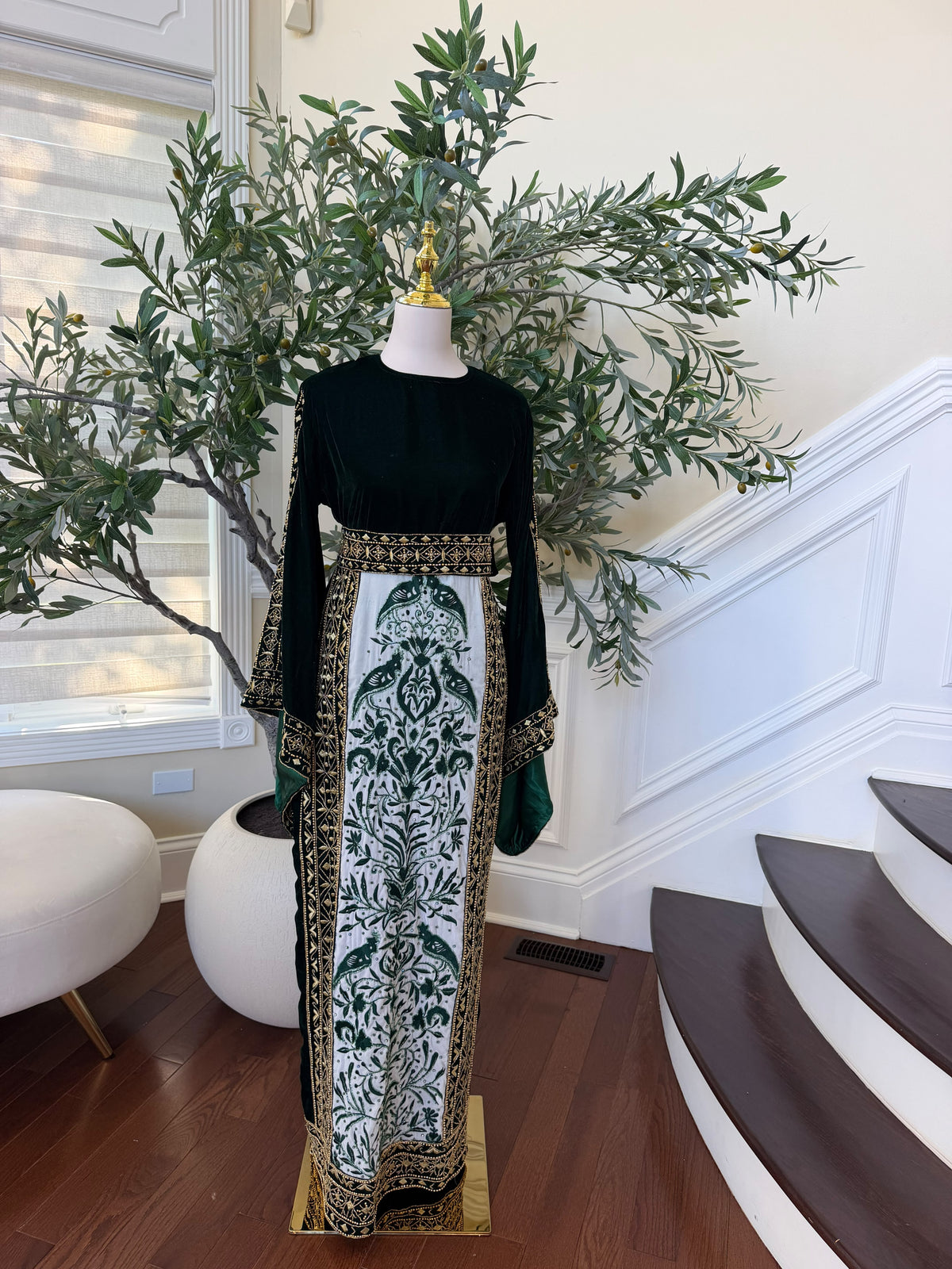 Elegant Black Velvet Thobe with Emerald Green Embroidery and Gold Detailing