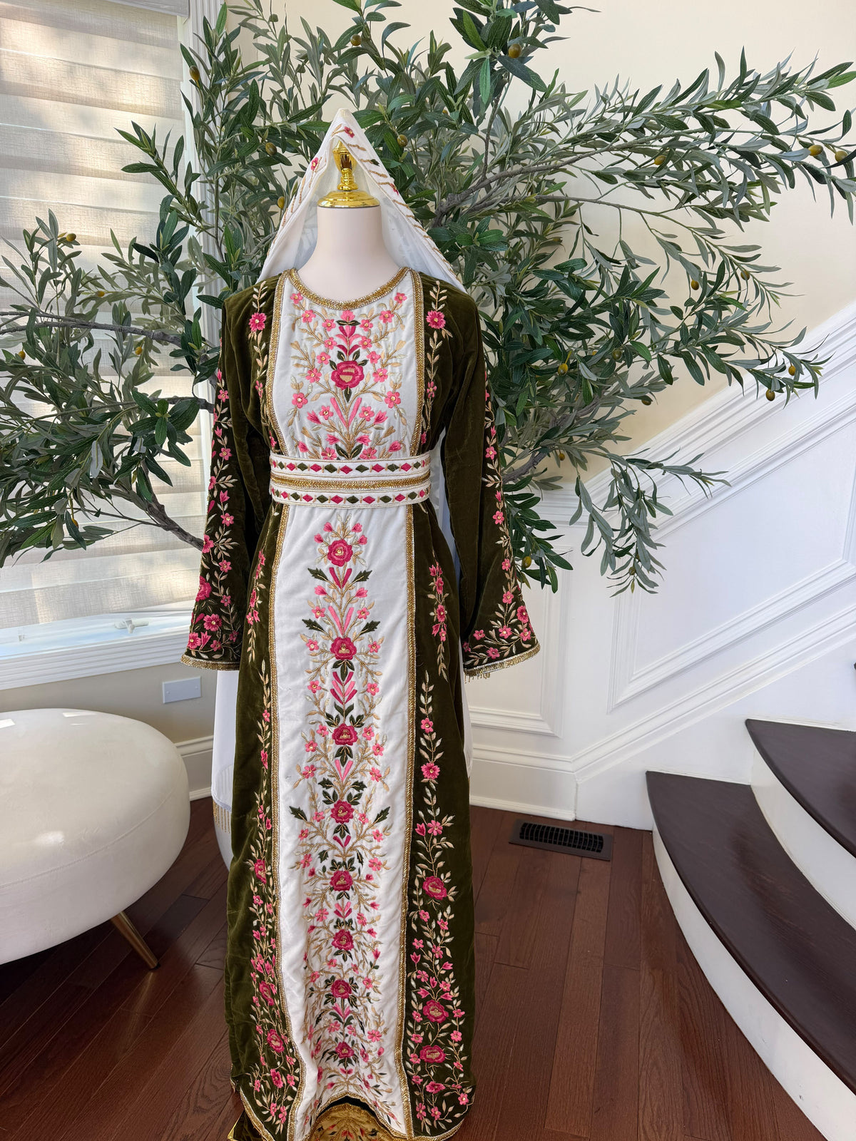 Elegant Olive Green Velvet Thobe with Pink Floral Embroidery(scarf not included)