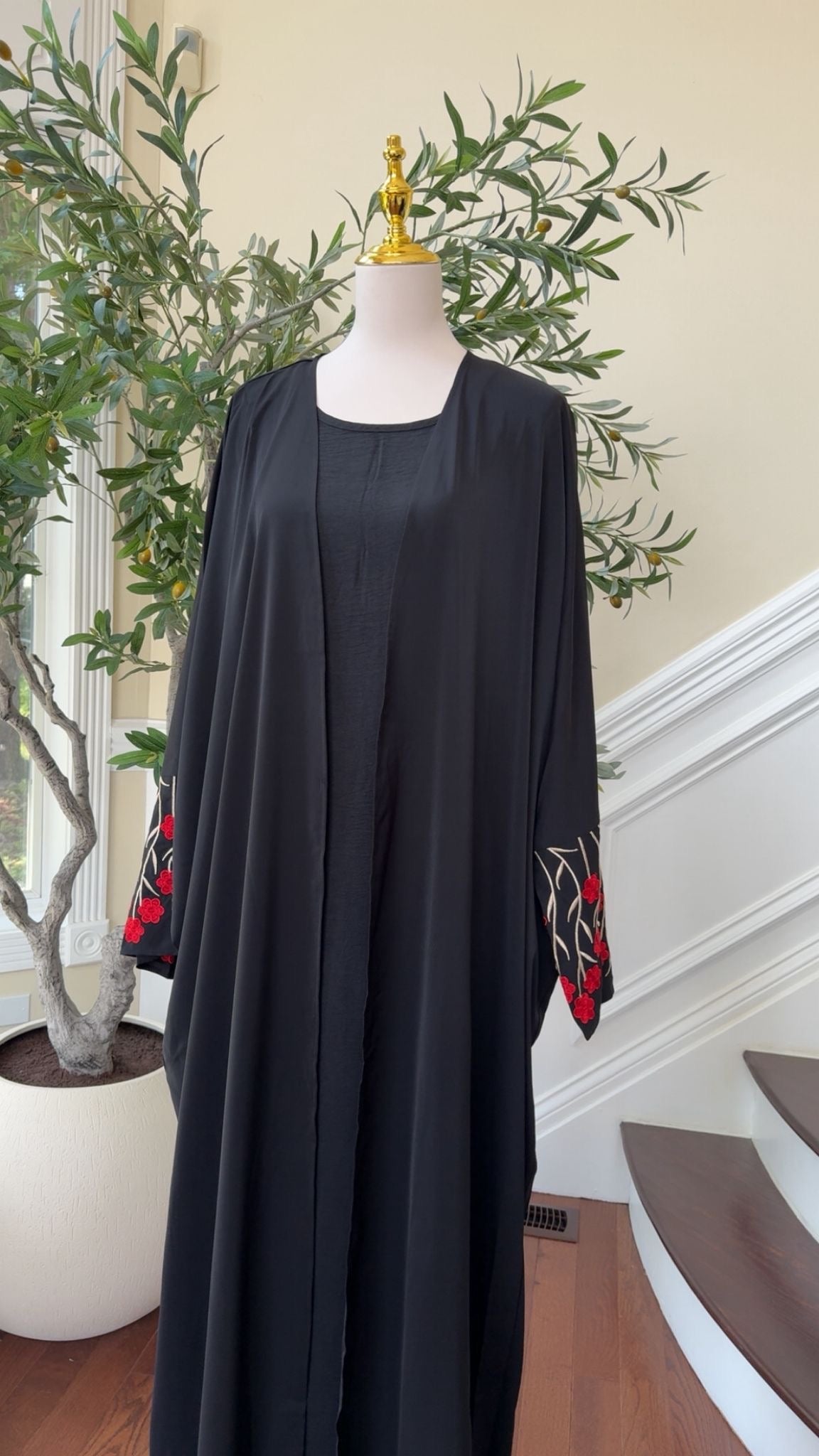 Black Two-Piece Abaya with Red Rose Floral Sleeve Embroidery