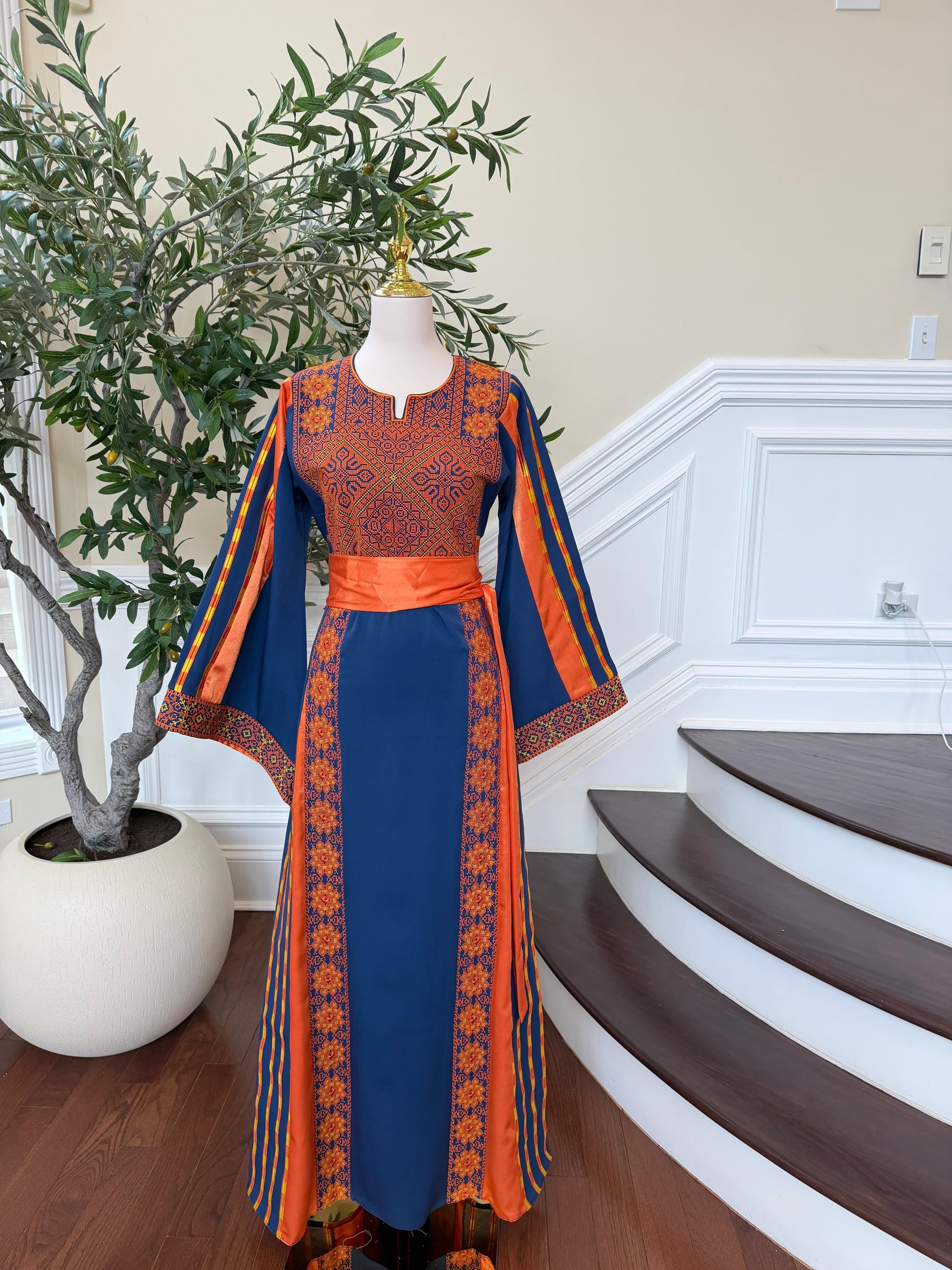 Navy Blue Embroidery Tatreez Orange Thobe