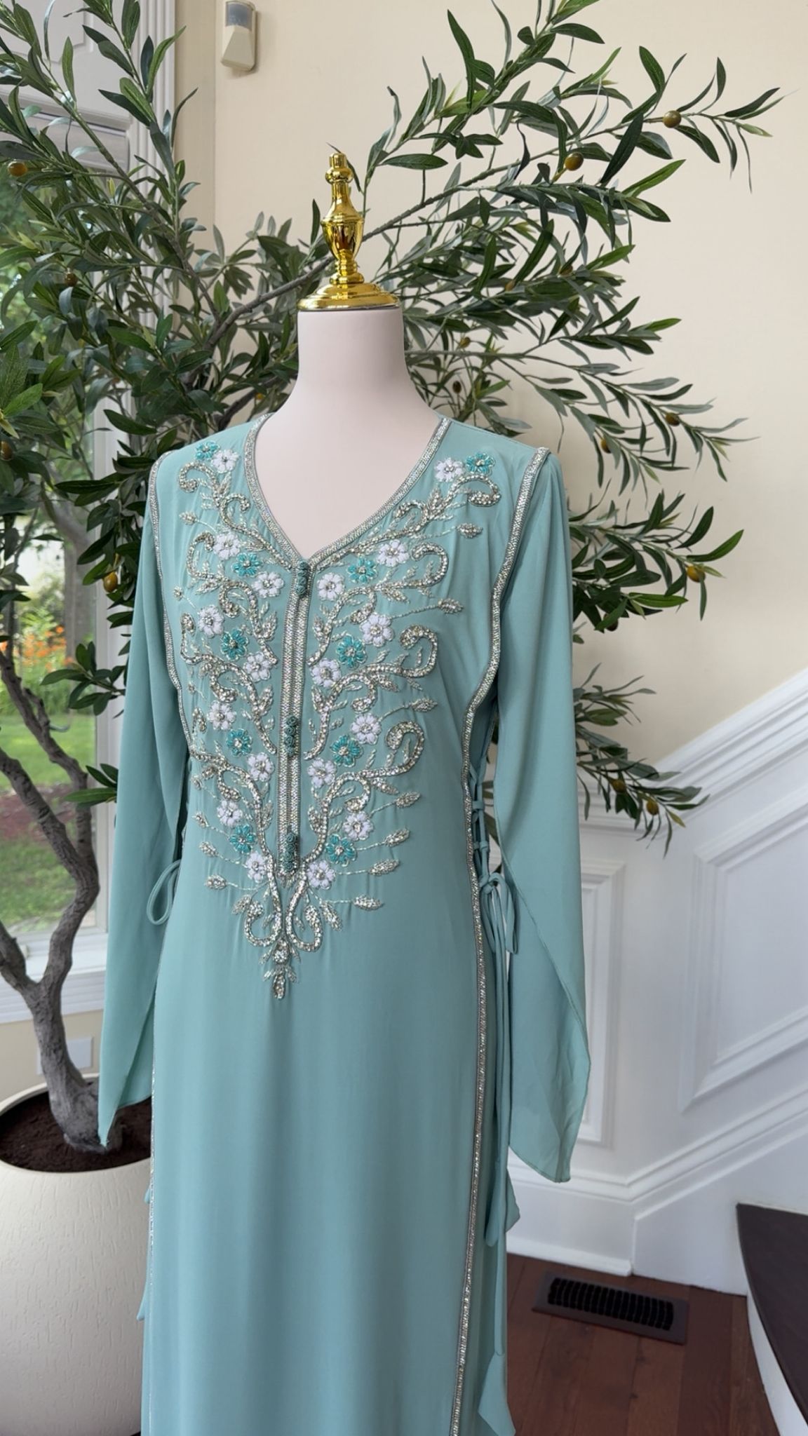 Delicate Light Teal Kaftan with Silver Beading