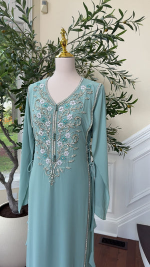 Delicate Light Teal Kaftan with Silver Beading