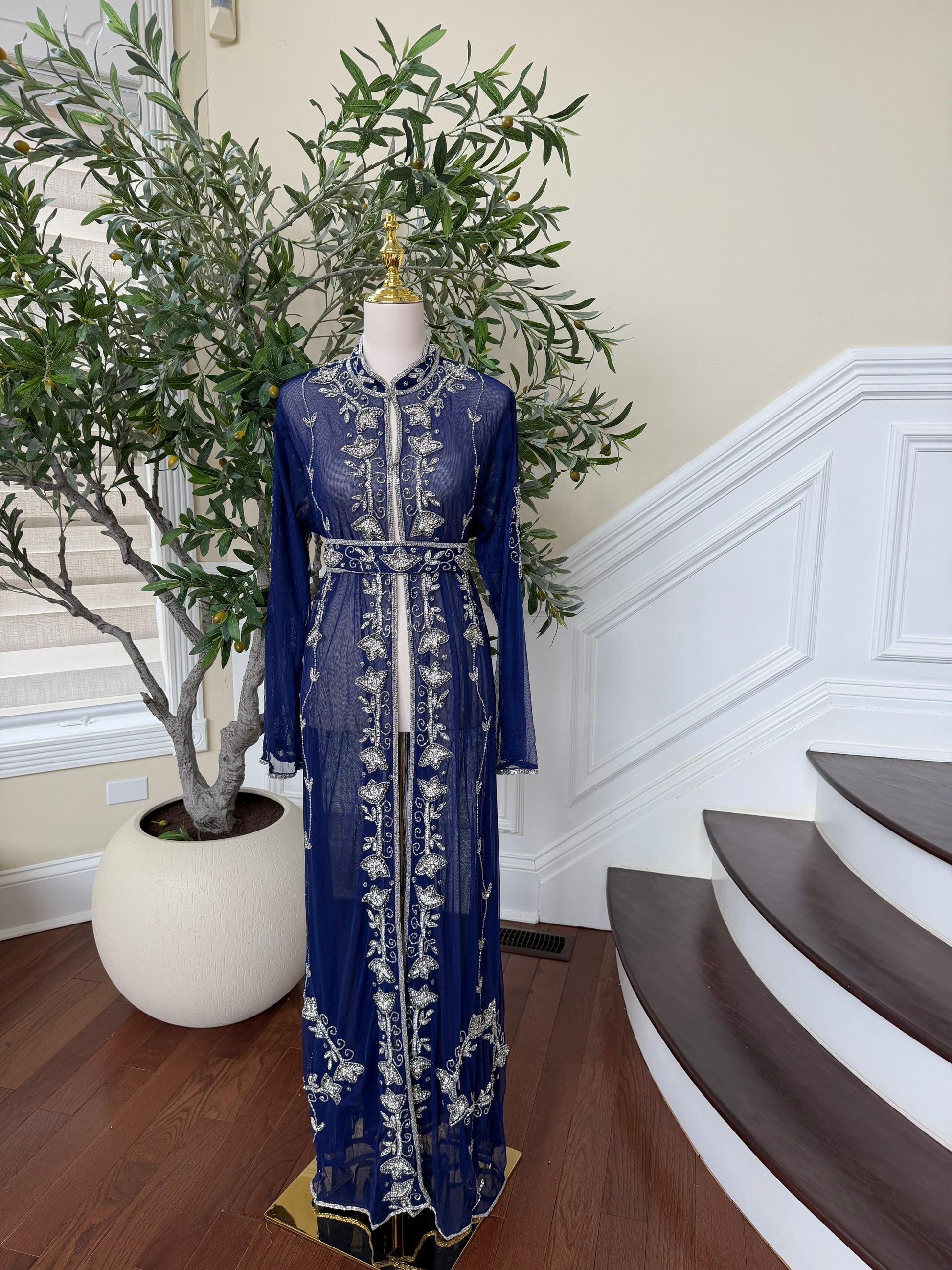 Navy Blue Silver Stone Cardigan Abaya