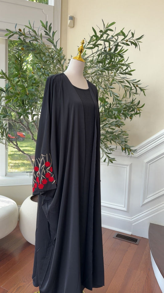 Black Two-Piece Abaya with Red Rose Floral Sleeve Embroidery