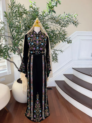 Elegant Black Velvet Thobe with Multicolor Floral Embroidery(scarf not included)