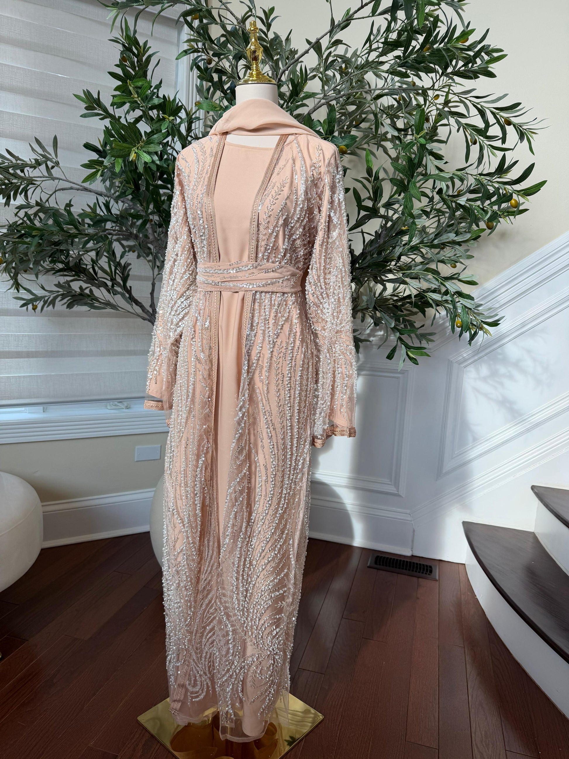 Peach Silver Sequin Beaded Abaya
