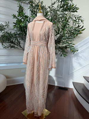 Peach Silver Sequin Beaded Abaya