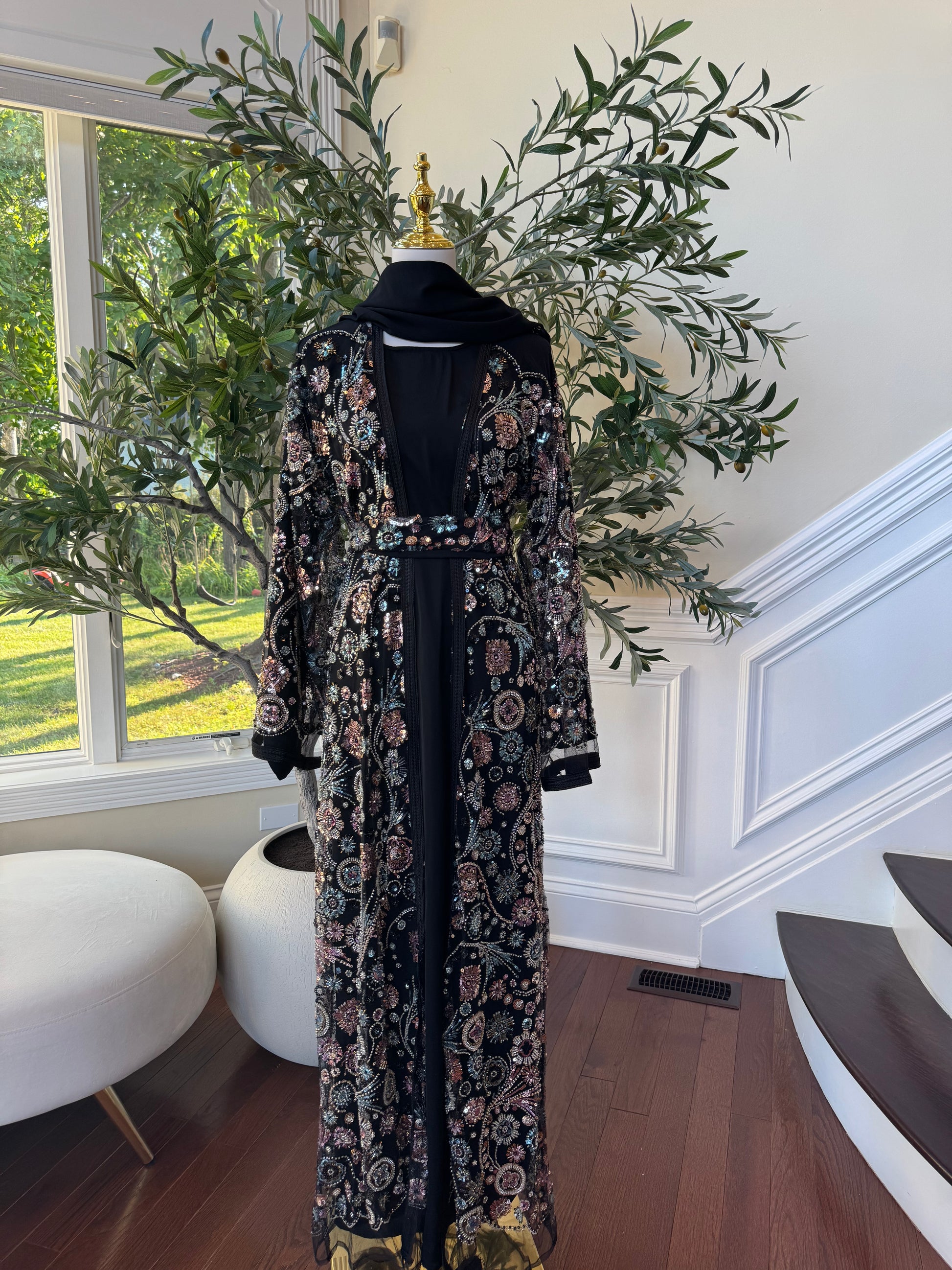Black Diamond Sequin Floral Abaya