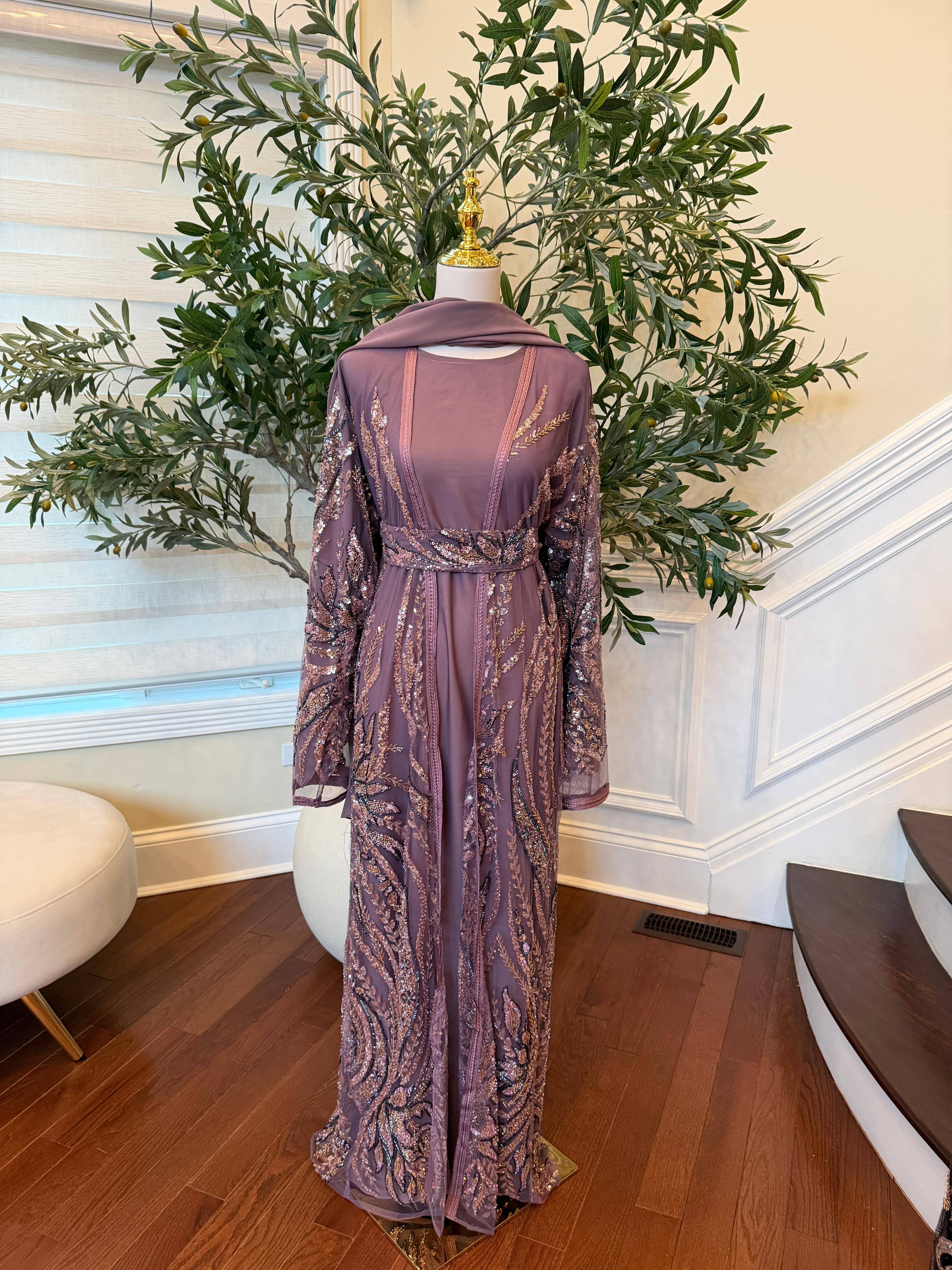 Rose Pink Sequin Two Piece Abaya