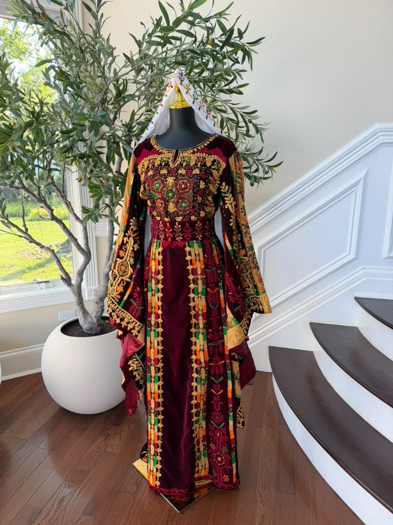 Burgundy Velvet Embroidery Tatreez Thobe