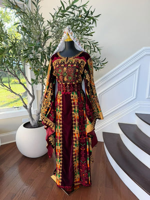 Burgundy Velvet Embroidery Tatreez Thobe