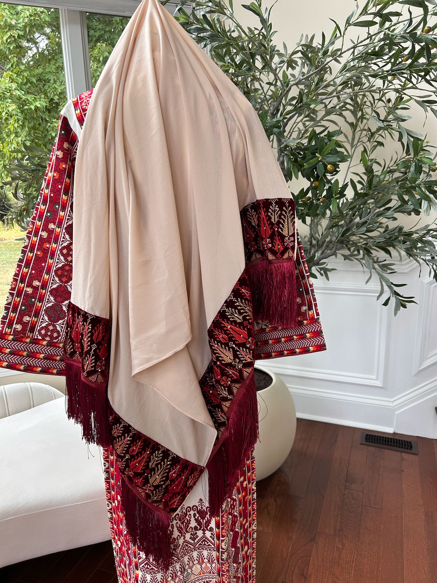 Elegant Tan-Red Tatreez Khirka Shal Mandil