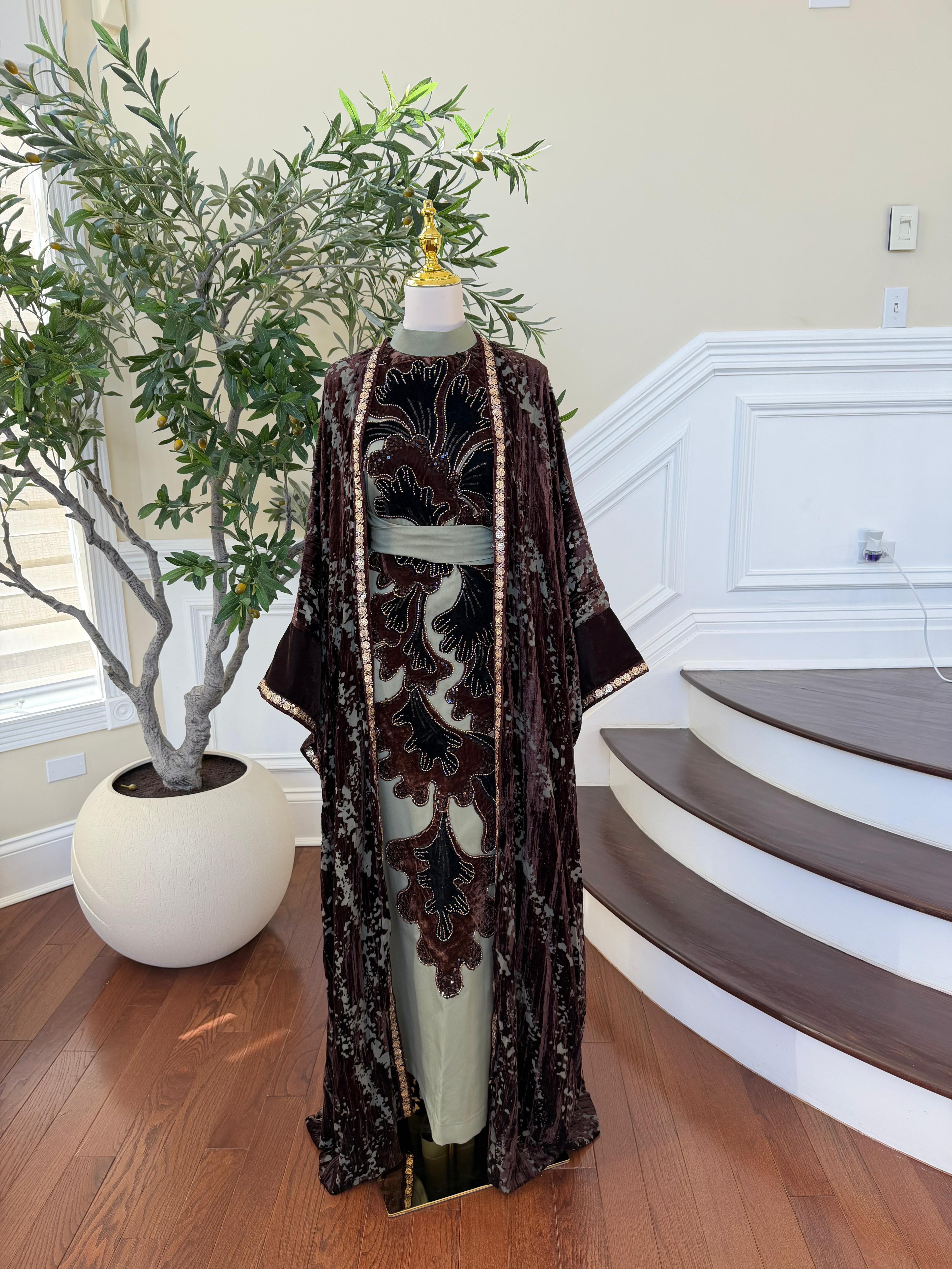 Olive Green Brown Two Piece Abaya