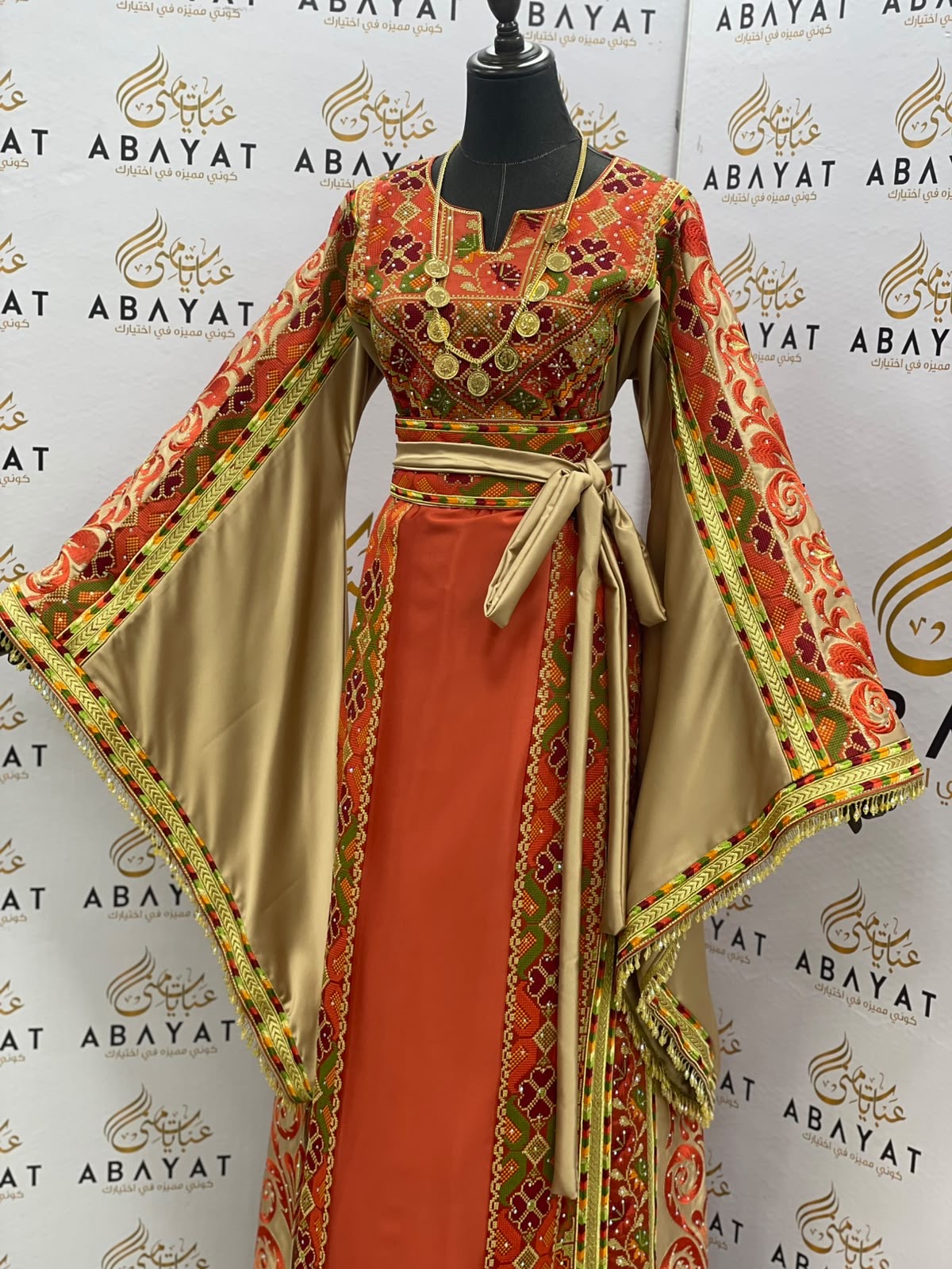 Rust Orange & Gold Palestinian Embroidered Thobe