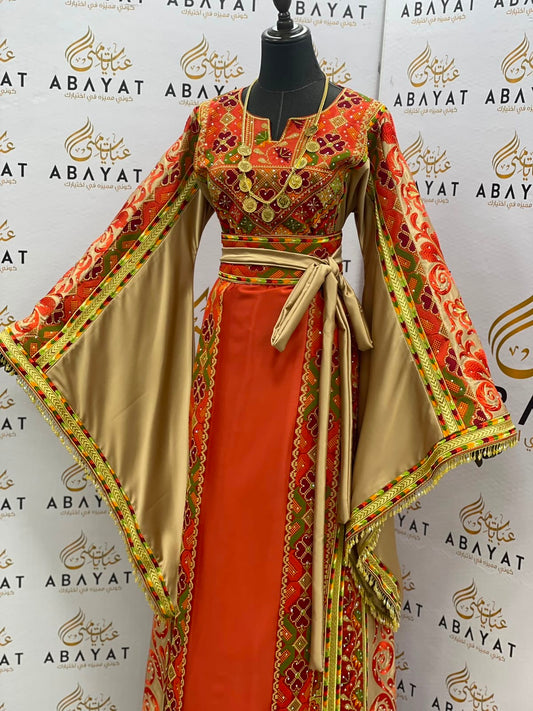 Rust Orange & Gold Palestinian Embroidered Thobe