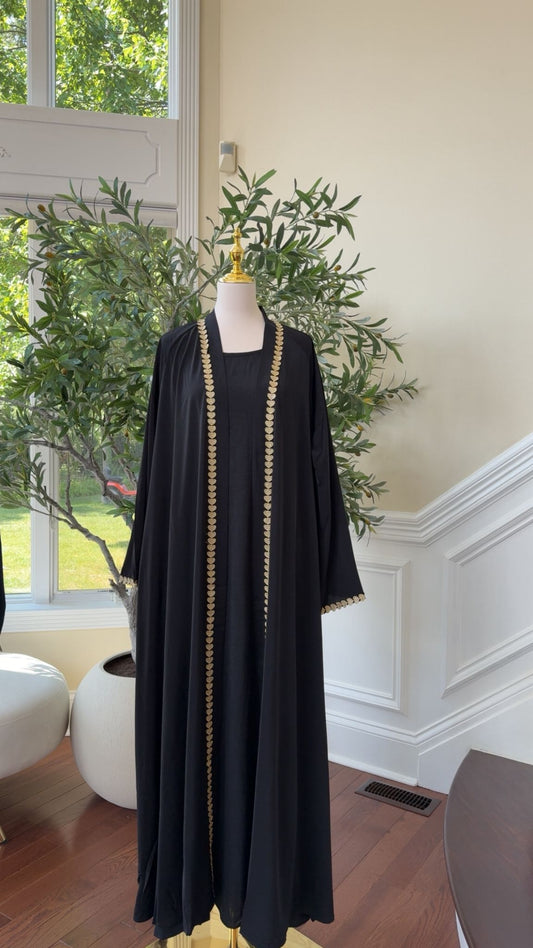 Black Two-Piece Abaya with Elegant Embellished Detailing