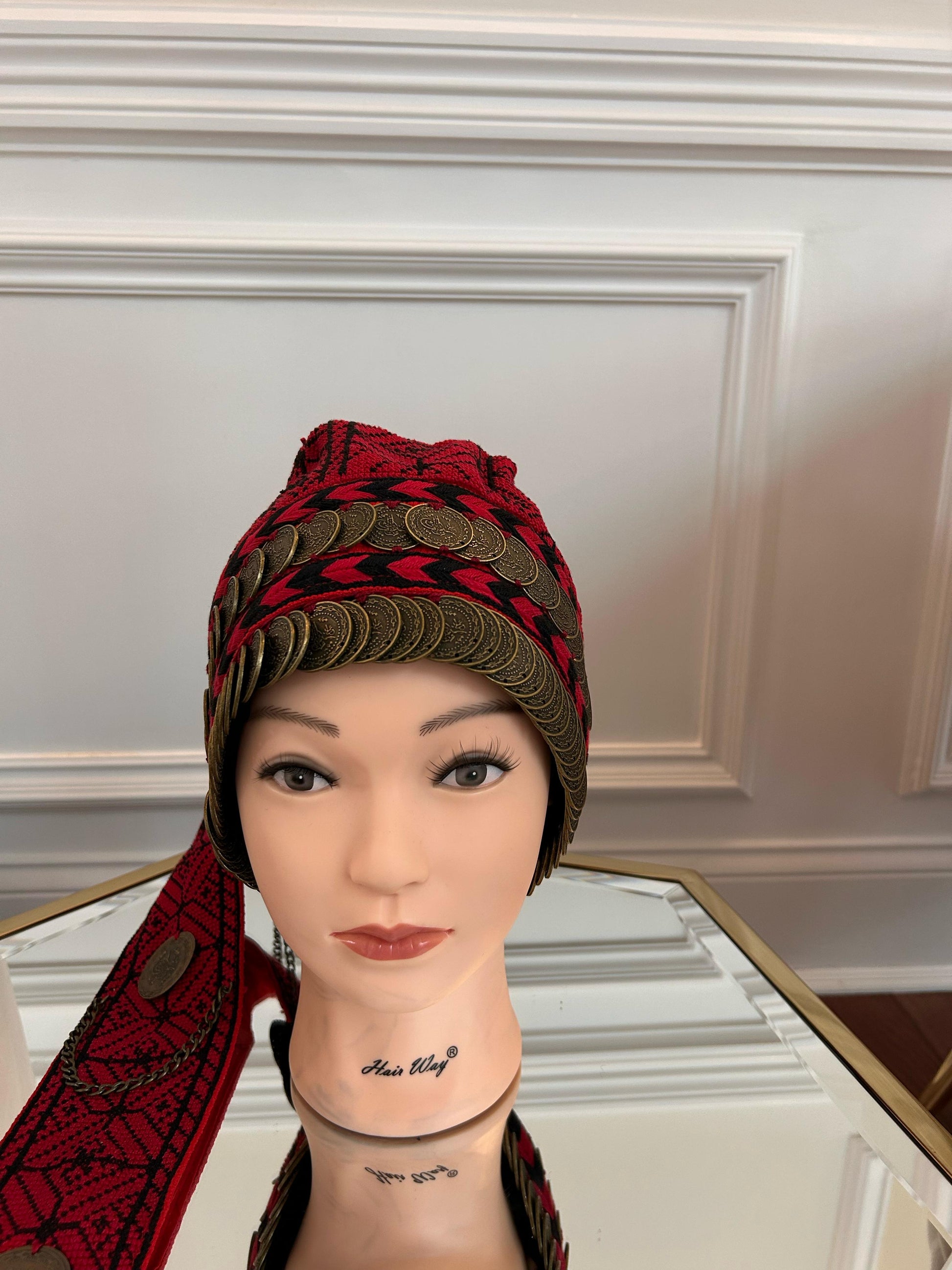 Red Tatreez Embroidery Coin Head Piece تطريز يدوي