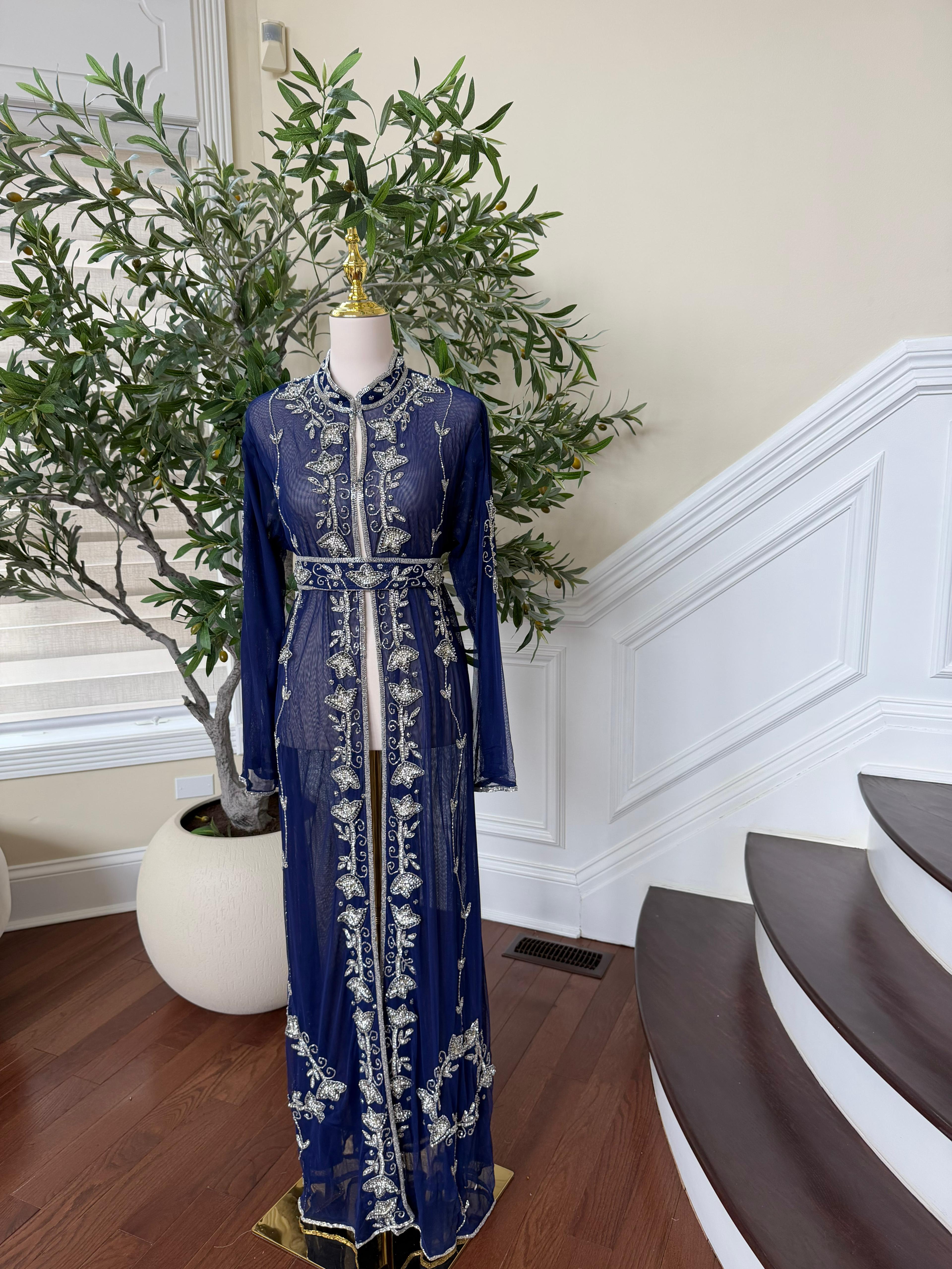 Navy Blue Silver Stone Cardigan Abaya