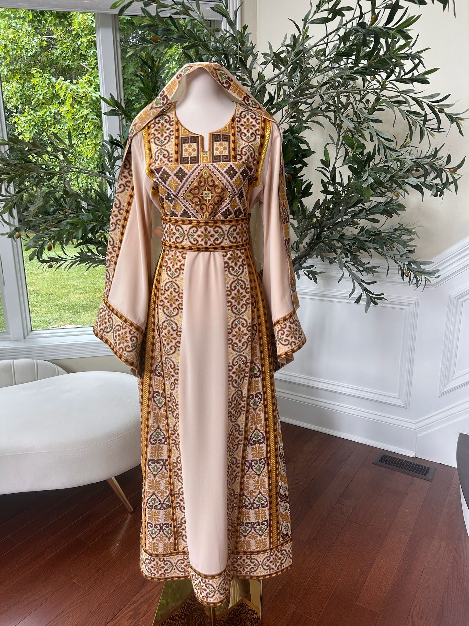 Tan Elegance Embroidery Tatreez Golden Detail Thobe