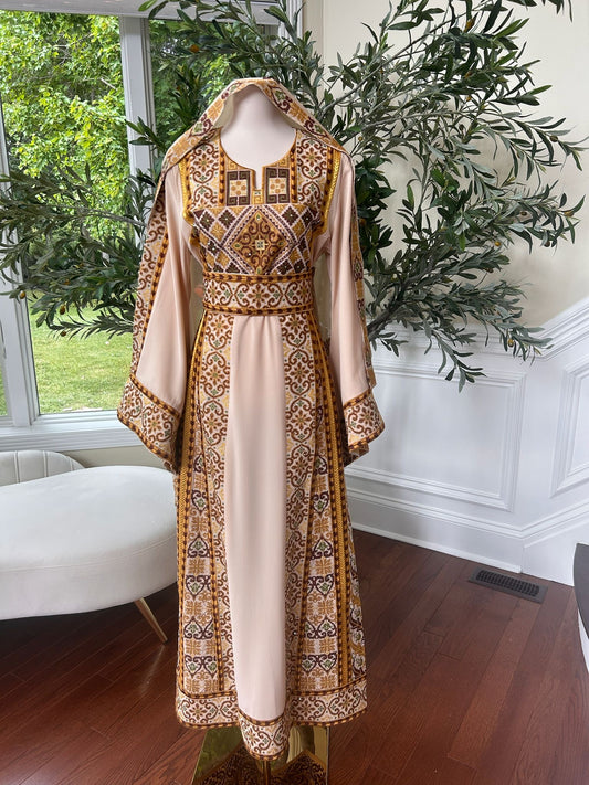 Tan Elegance Embroidery Tatreez Golden Detail Thobe