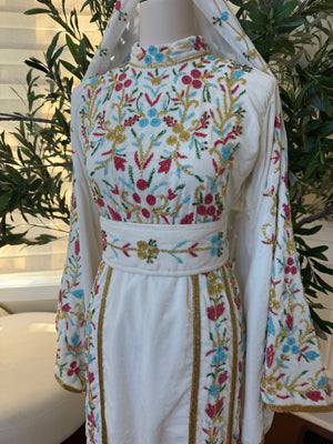 Elegant White Floral Embroidered Palestinian Thobe with Gold Detailing(scarf not included)
