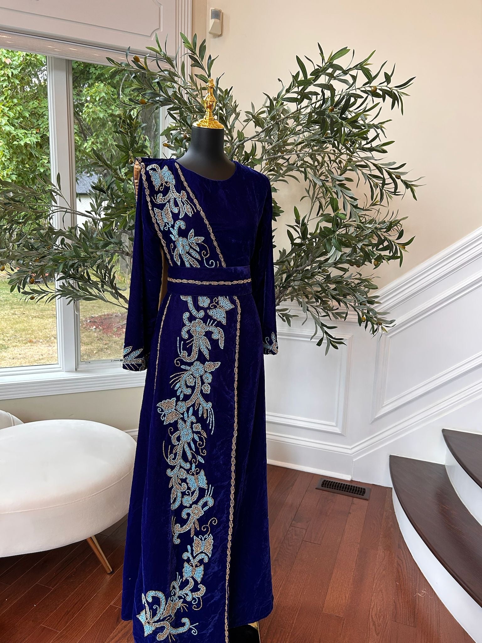 Blue Velvet Stone Charm Kuftan Dress