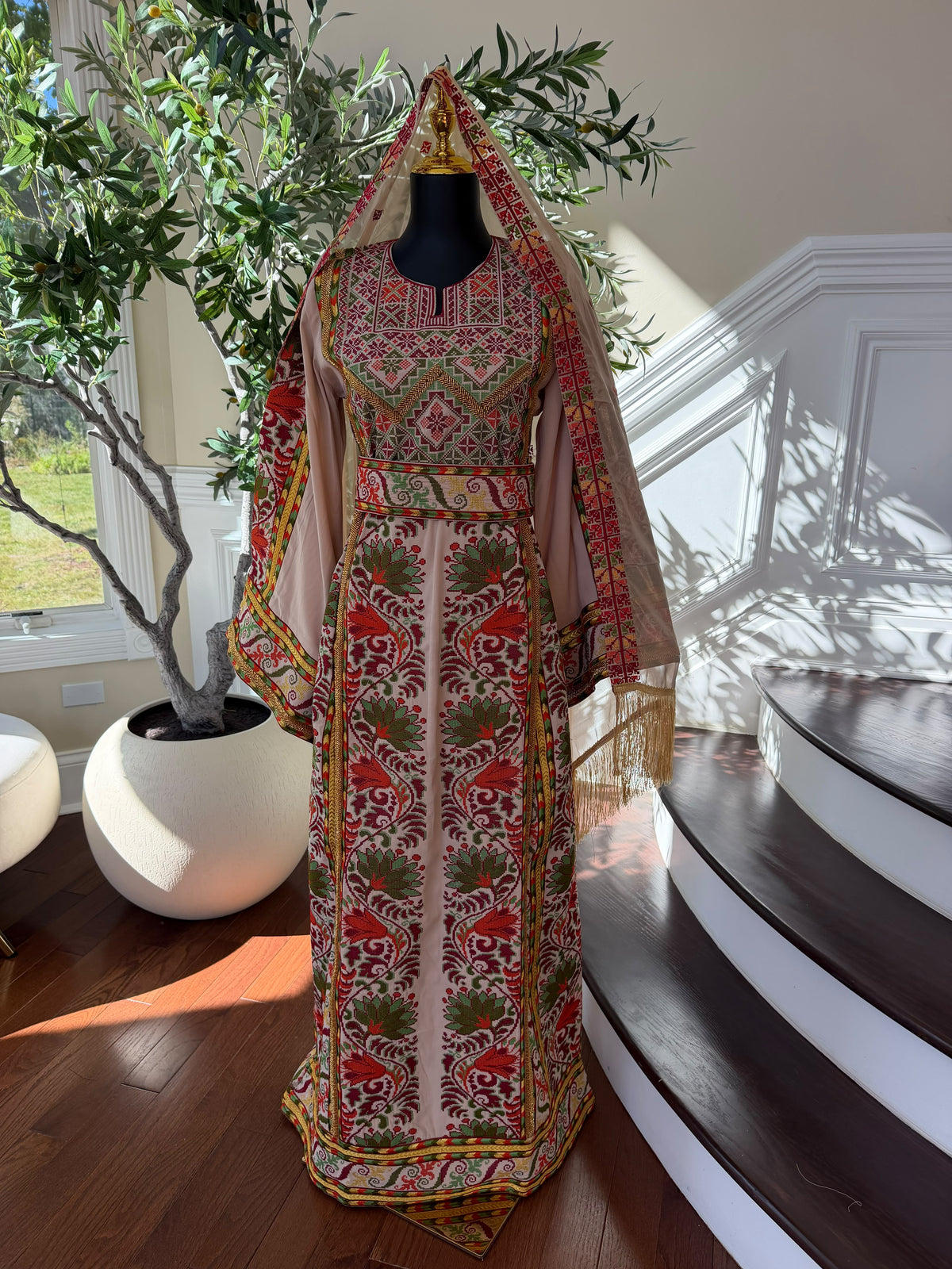 Elegant Cream Palestinian Embroidered Thobe with Traditional Red & Green Detailing (scarf not included)