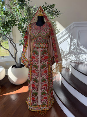 Elegant Cream Palestinian Embroidered Thobe with Traditional Red & Green Detailing (scarf not included)