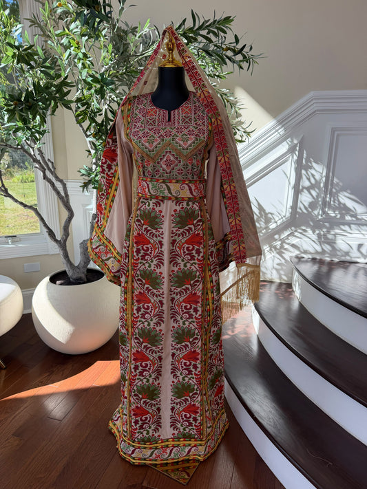 Elegant Cream Palestinian Embroidered Thobe with Traditional Red & Green Detailing (scarf not included)
