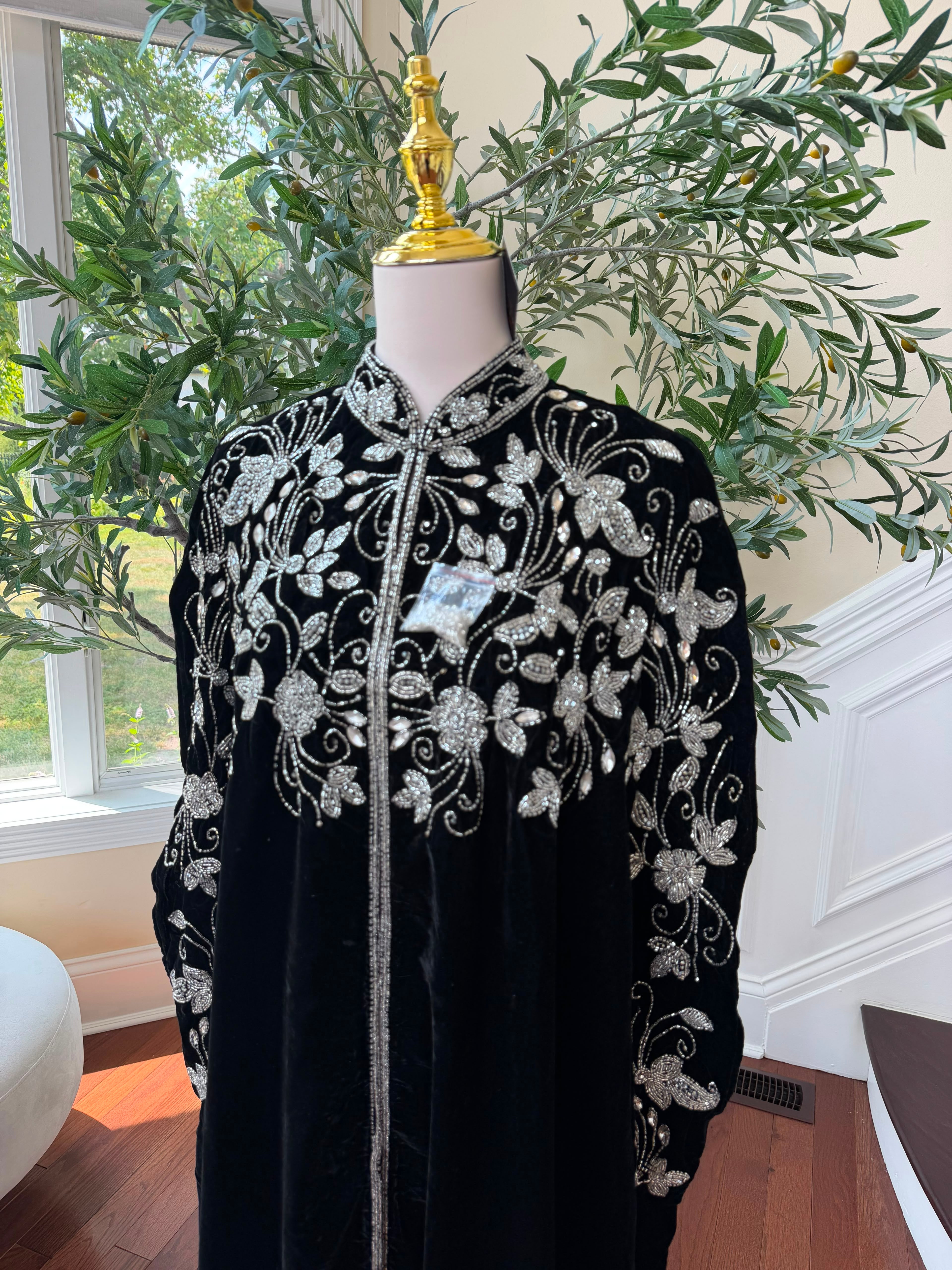 Velvet Black Beaded Elegance Cardigan Abaya