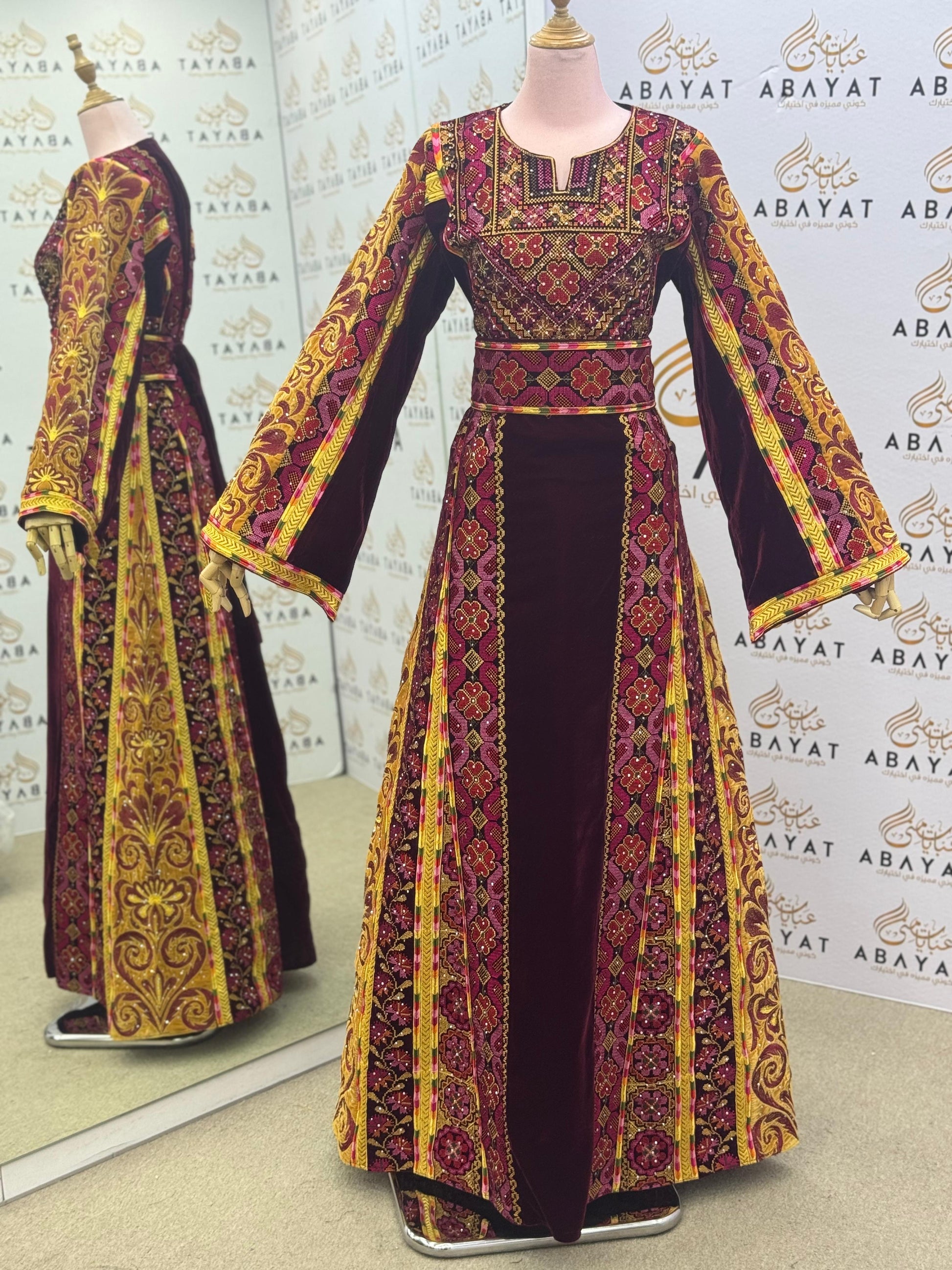 Royal Burgundy Velvet Palestinian Thobe – Golden Embroidery