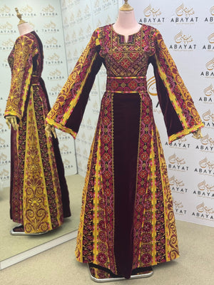 Royal Burgundy Velvet Palestinian Thobe – Golden Embroidery