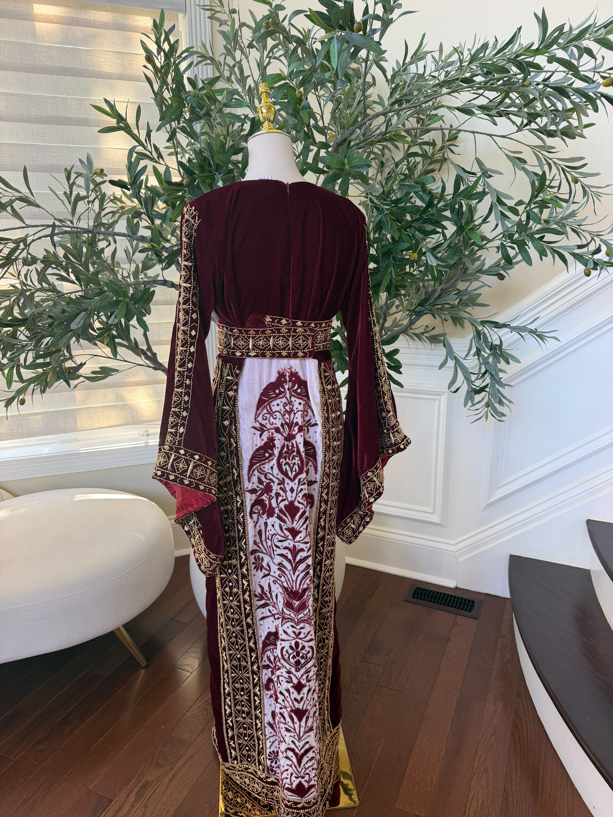 Elegant Burgundy Velvet Palestinian Thobe with Gold Embroidery