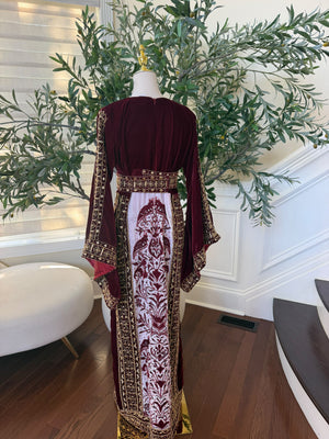 Elegant Burgundy Velvet Palestinian Thobe with Gold Embroidery