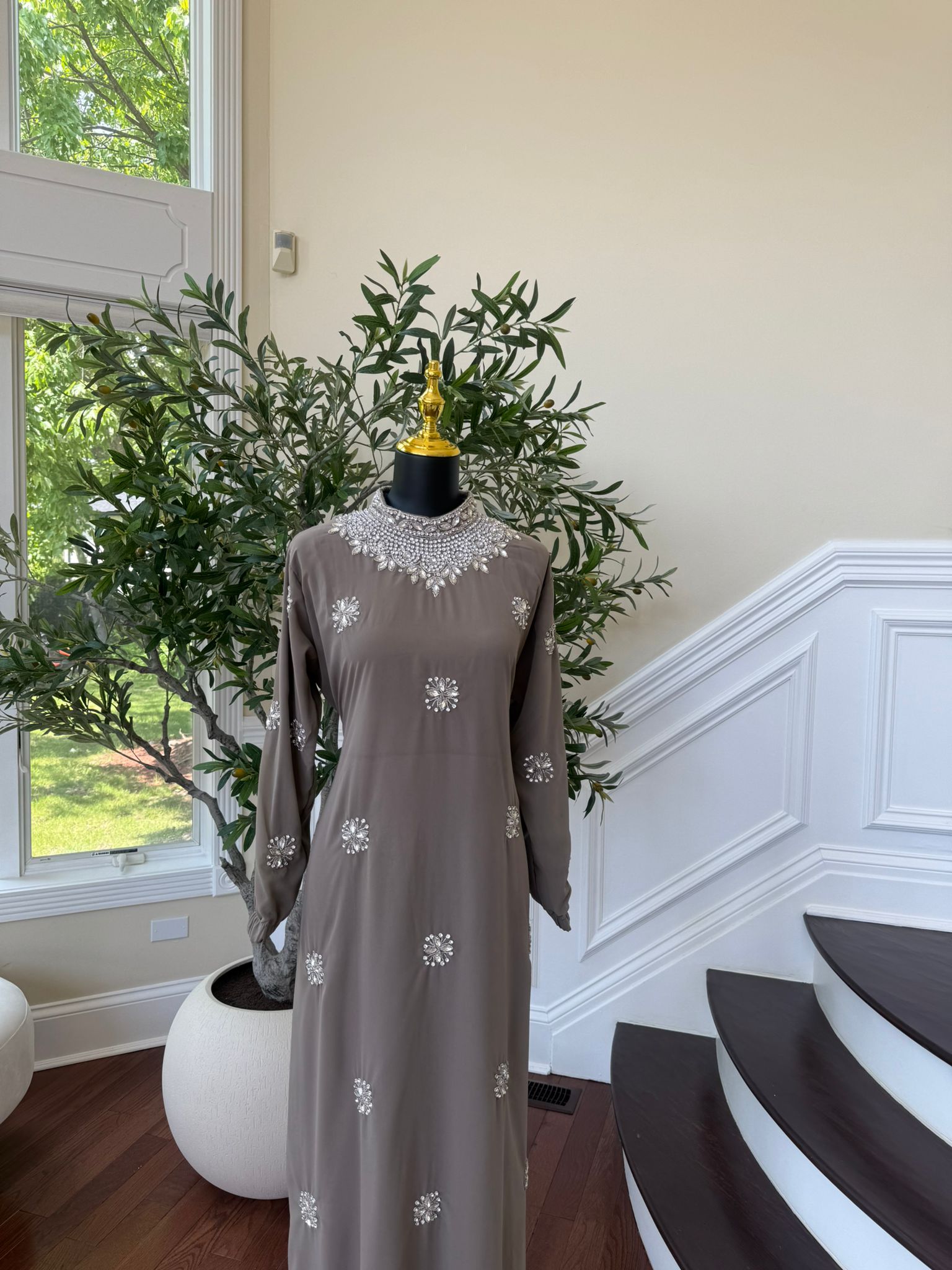 Taupe Shine Stonework Maxi Dres