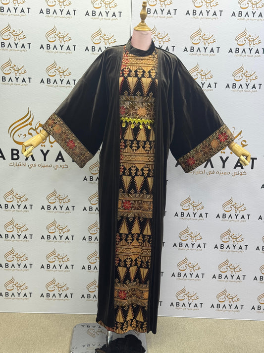 Chocolate Brown Palestinian Thobe with Golden Tatreez Embroidery A1968