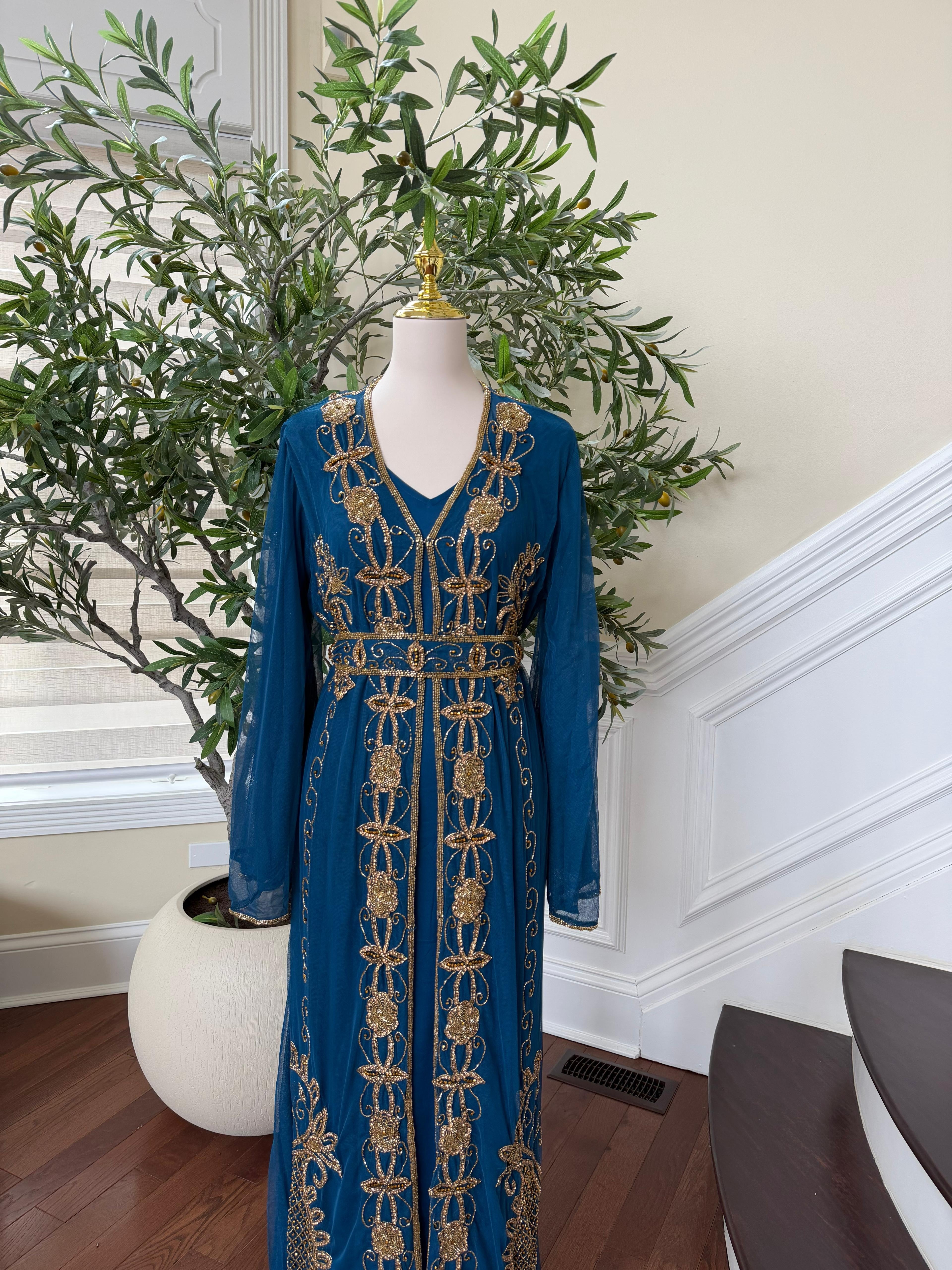Golden Turquoise Detail Stone Cardigan Abaya