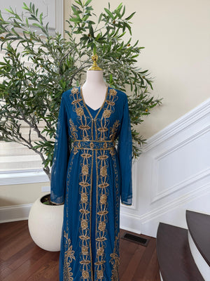 Golden Turquoise Detail Stone Cardigan Abaya