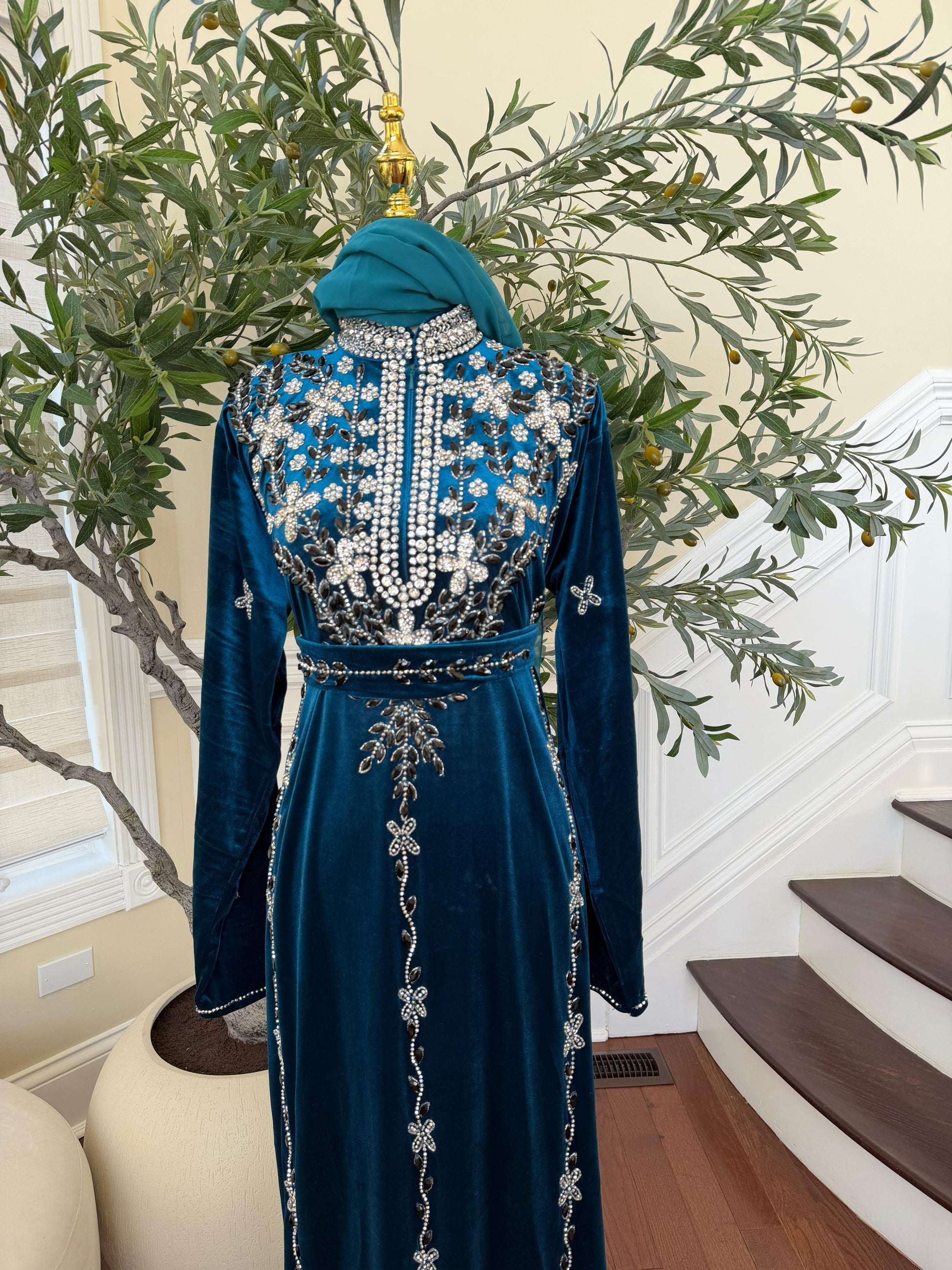Turquoise Crystal Velvet Design Elegance Abaya