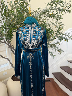 Turquoise Crystal Velvet Design Elegance Abaya