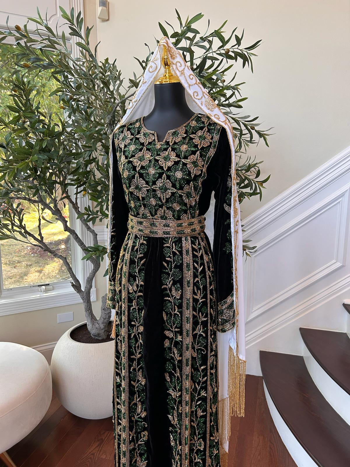 Black Velvet Golden Green Stone Thobe
