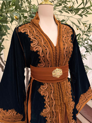Forest Emerald Green Whisper Velvet Kuftan Brown Embroidery