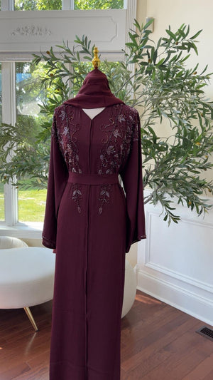 Burgundy Rose Quality Beaded Abaya