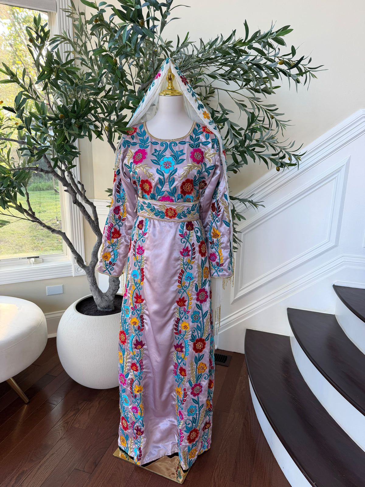 Blush Pink Palestinian Stone Thobe with Vibrant Multicolor Floral Embroidery(scarf not included)