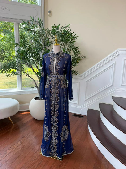 Blue Beaded Embroidery Cardigan Abaya