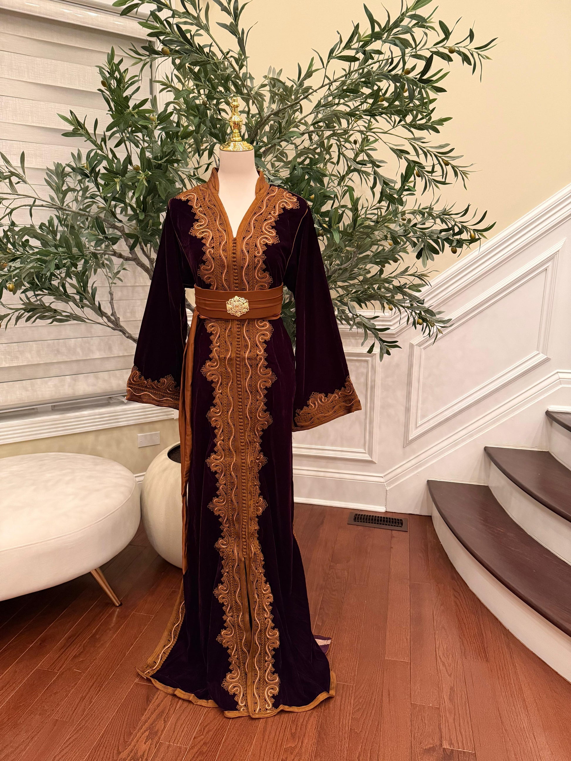 Autumn Ember Maroon Velvet Kuftan with Brown Embellishments