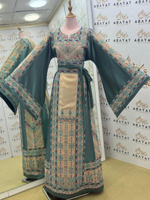 Palestinian Embroidered Thobe – Olive Green with Wide Sleeves