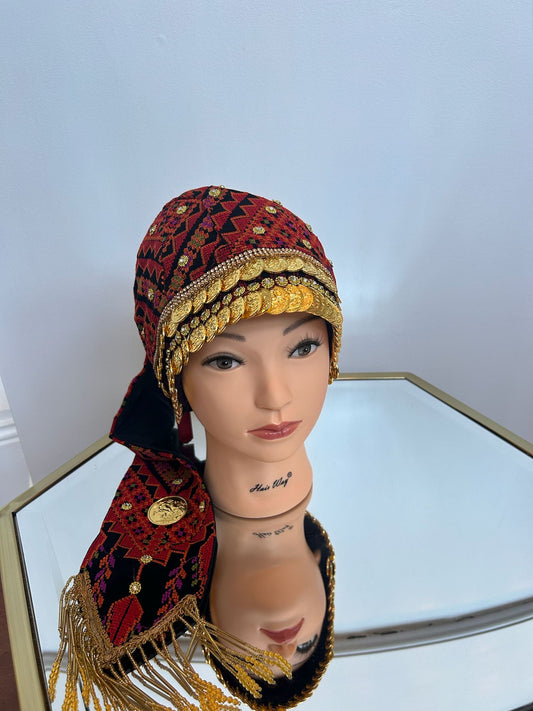 Red Tatreez Coin Head Peice