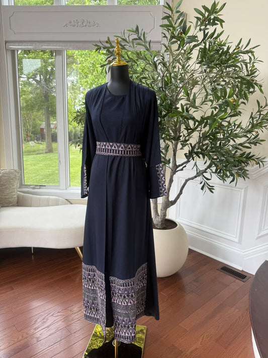 Navy Blue Tatreez Cardigan Abaya
